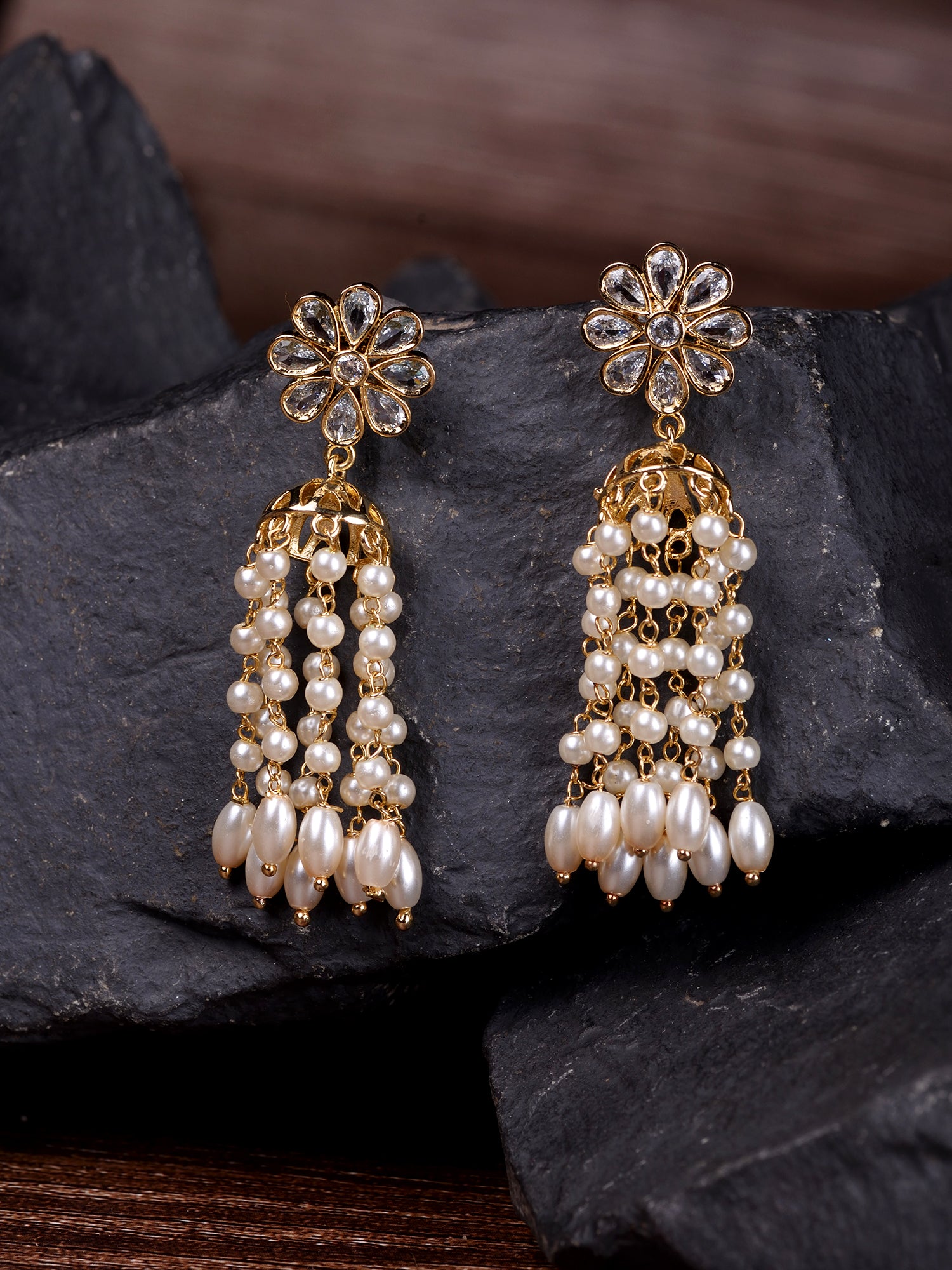 Gold Plated Polki Pearl Beaded Light Weight Jhumki Earrings