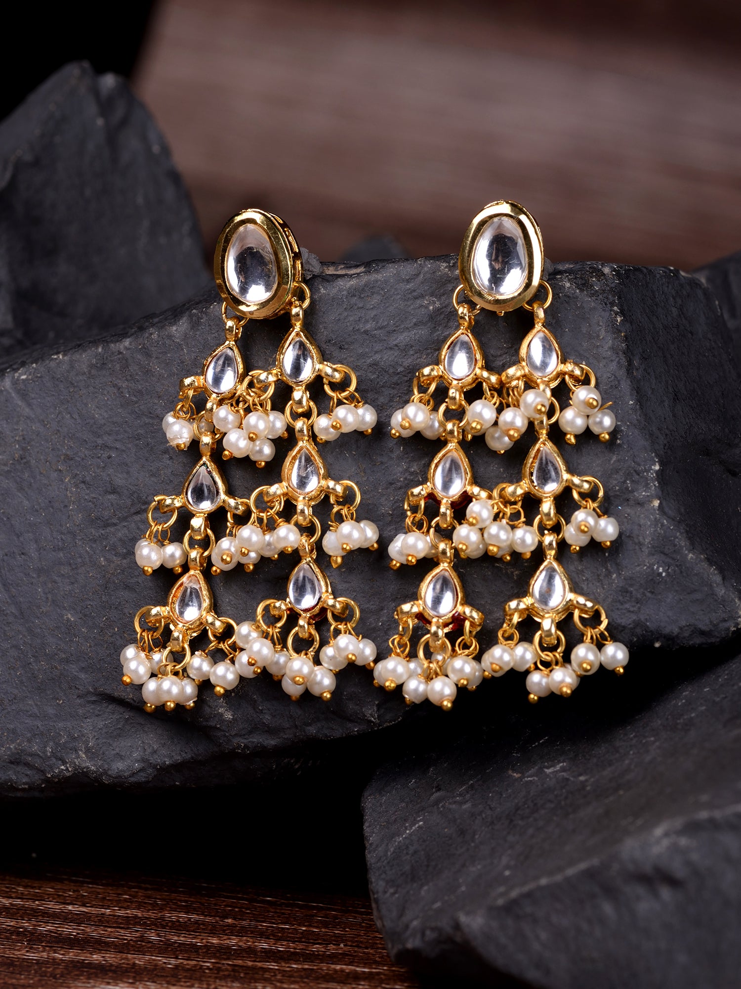 Gold Plated Kundan Pearl Beaded Traditional Dangle Earrings