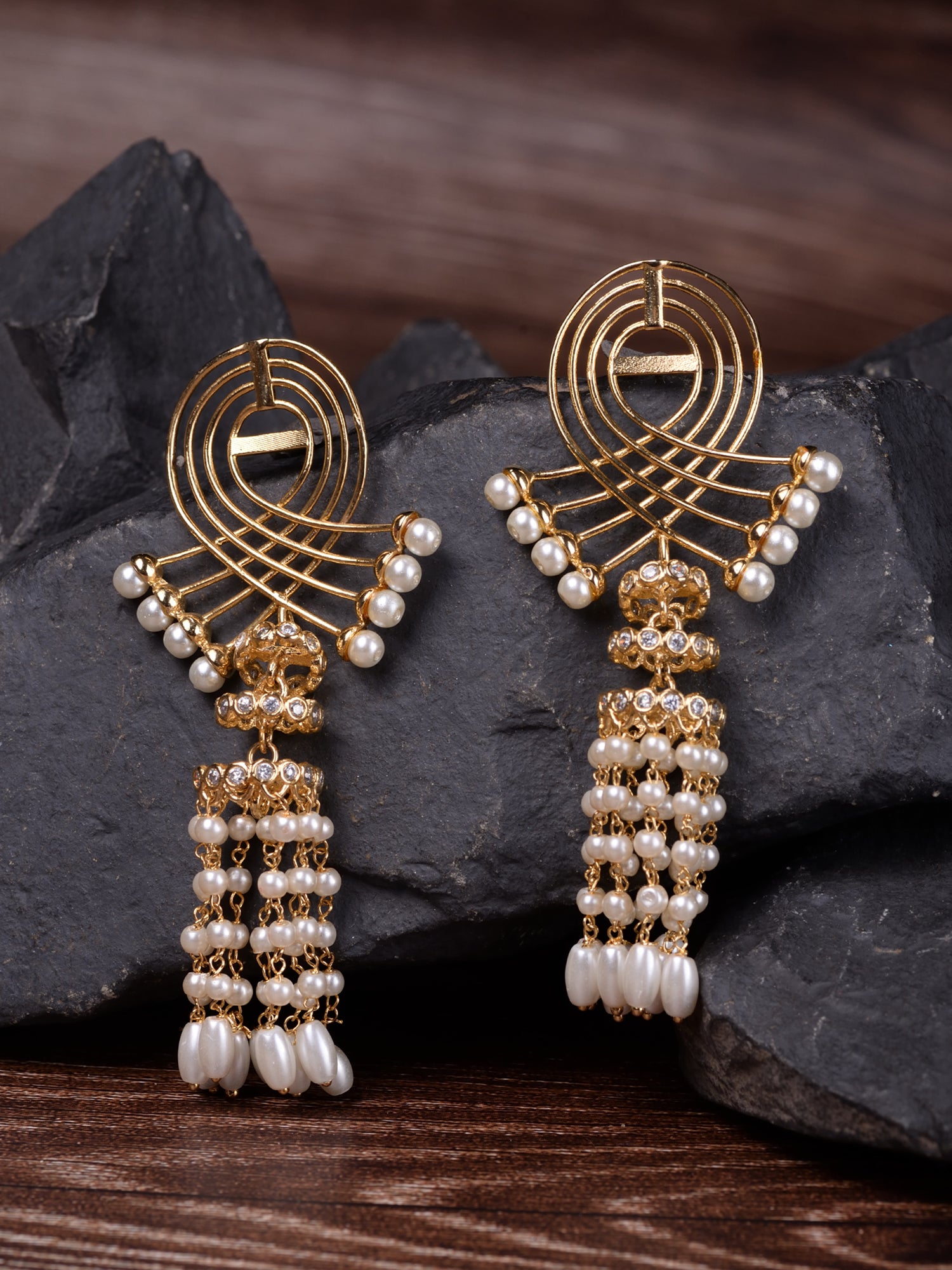 Gold Plated Pearl Beaded Chandelier Jhumka Earrings