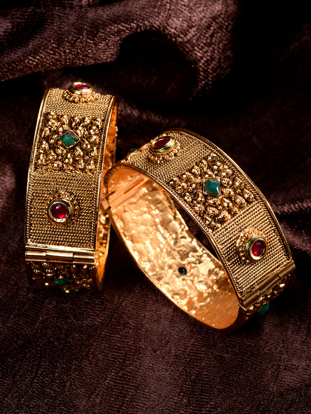 Set Of 2 Gold Toned Red & Green Kundan Studded Openable Bangle Set