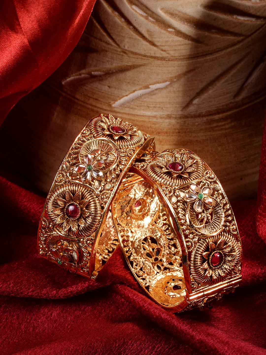 Set Of 2 Gold Plated Red Stone Studded Floral Openable Bangles