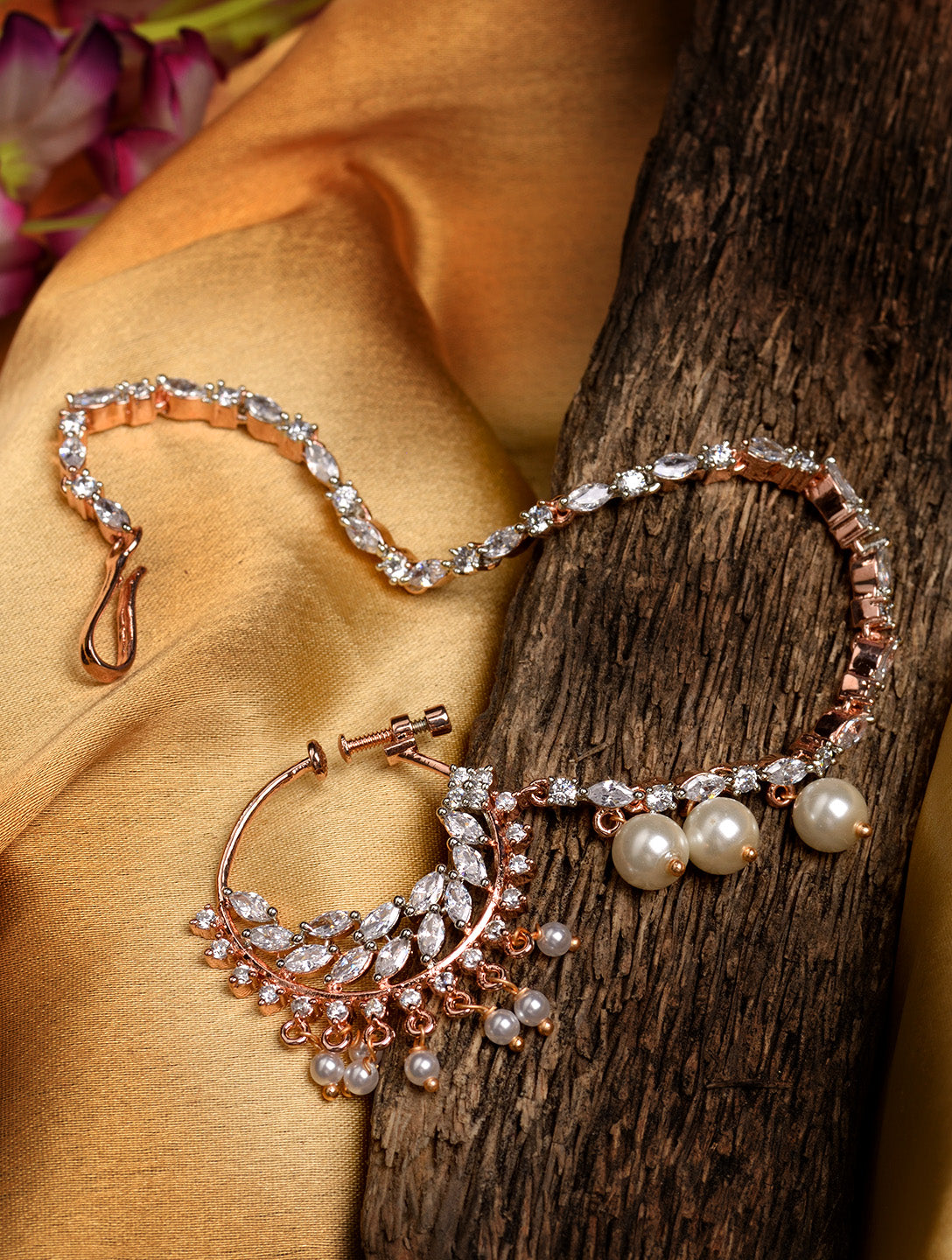 Rose Gold plated AD & Pearl studded Handcrafted Nose Ring