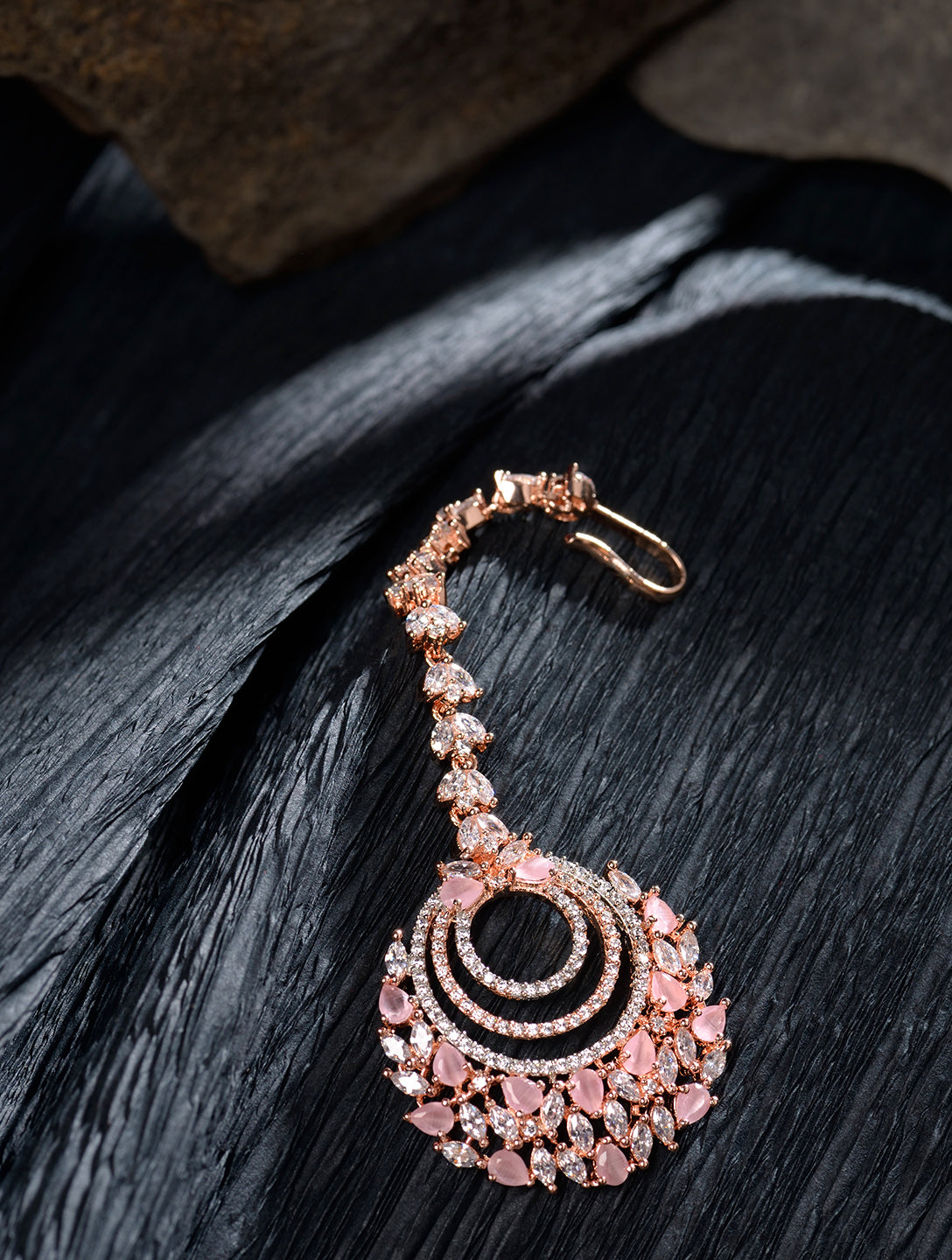 Rose Gold plated Pink AD studded Circular design Handcrafted Maang Tika
