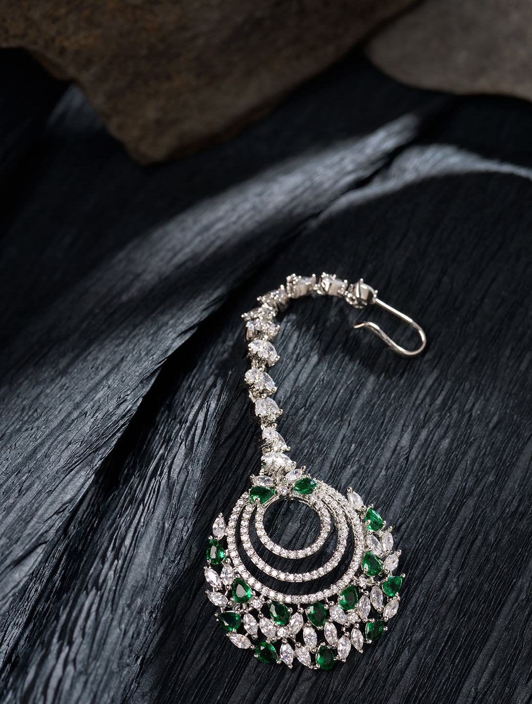 Silver plated Green AD studded Handcrafted Maang Tika
