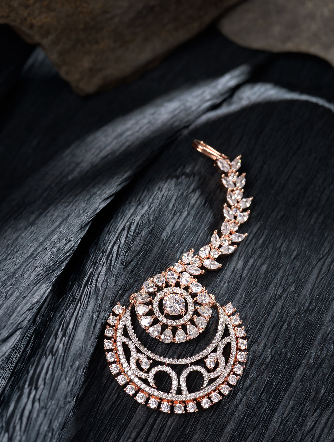 Rose Gold plated AD studded Half Moon shaped Handcrafted Maang Tika