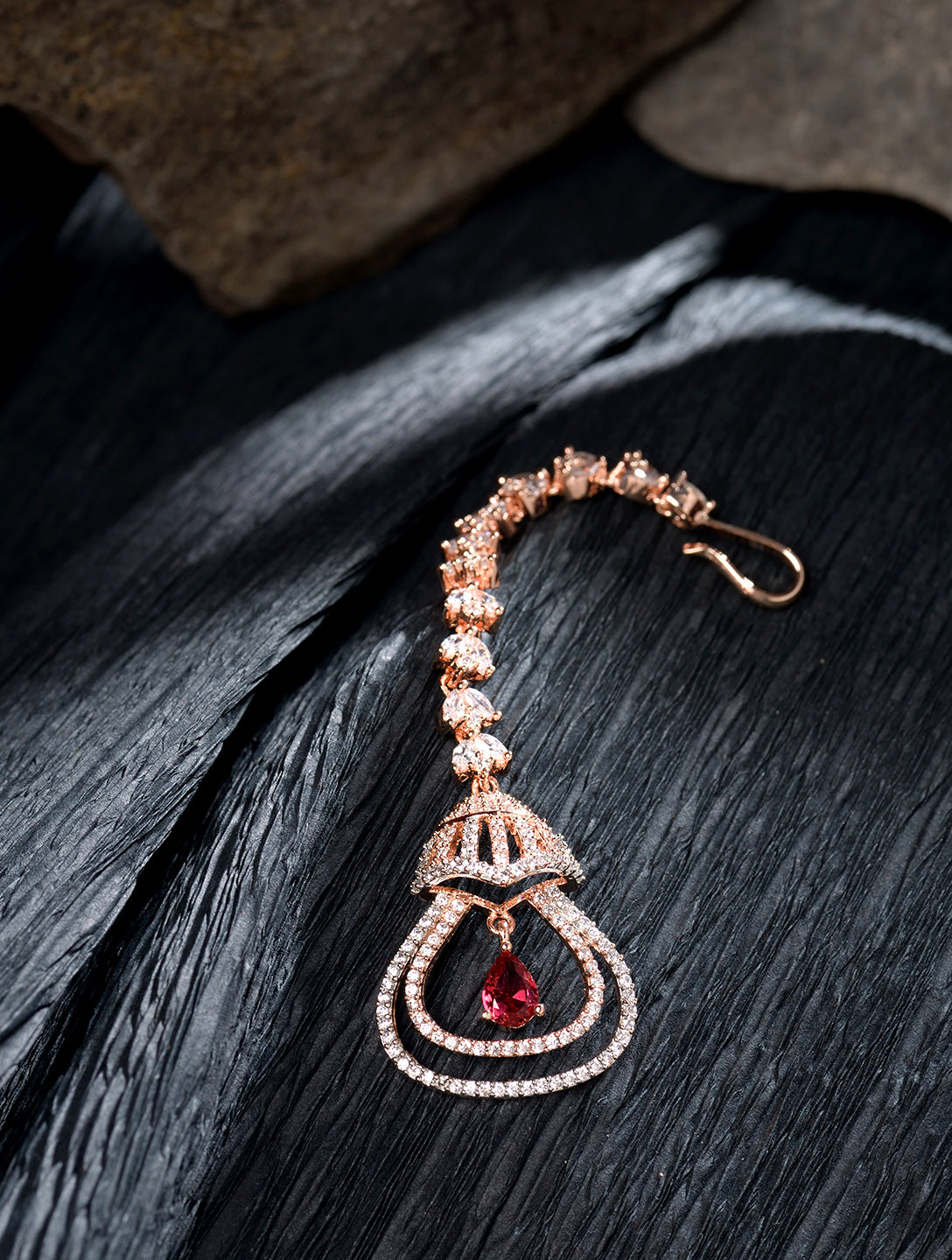 Rose Gold plated Ruby AD studded Bell shaped Handcrafted Maang Tika