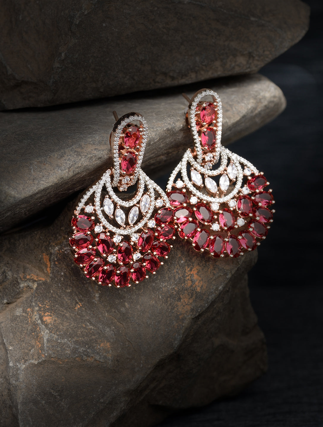 Rose Gold Plated Ruby AD studded Floral design Earrings