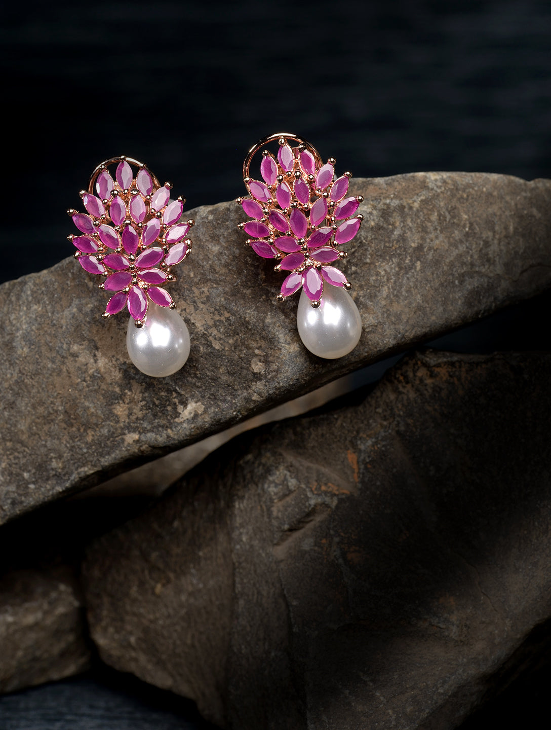 Rose Gold Plated Luxurious Pink AD studded Pearl Drop Earring