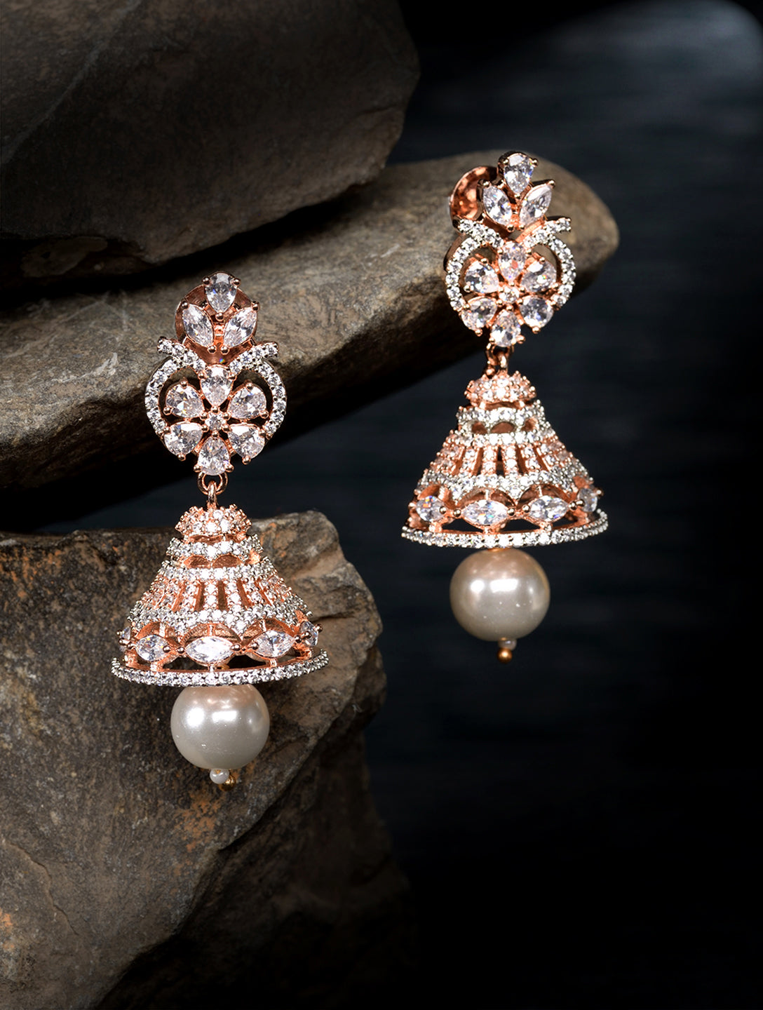 Rose Gold plated AD studded Bell shaped Hanfcrafted Jhumka Earring