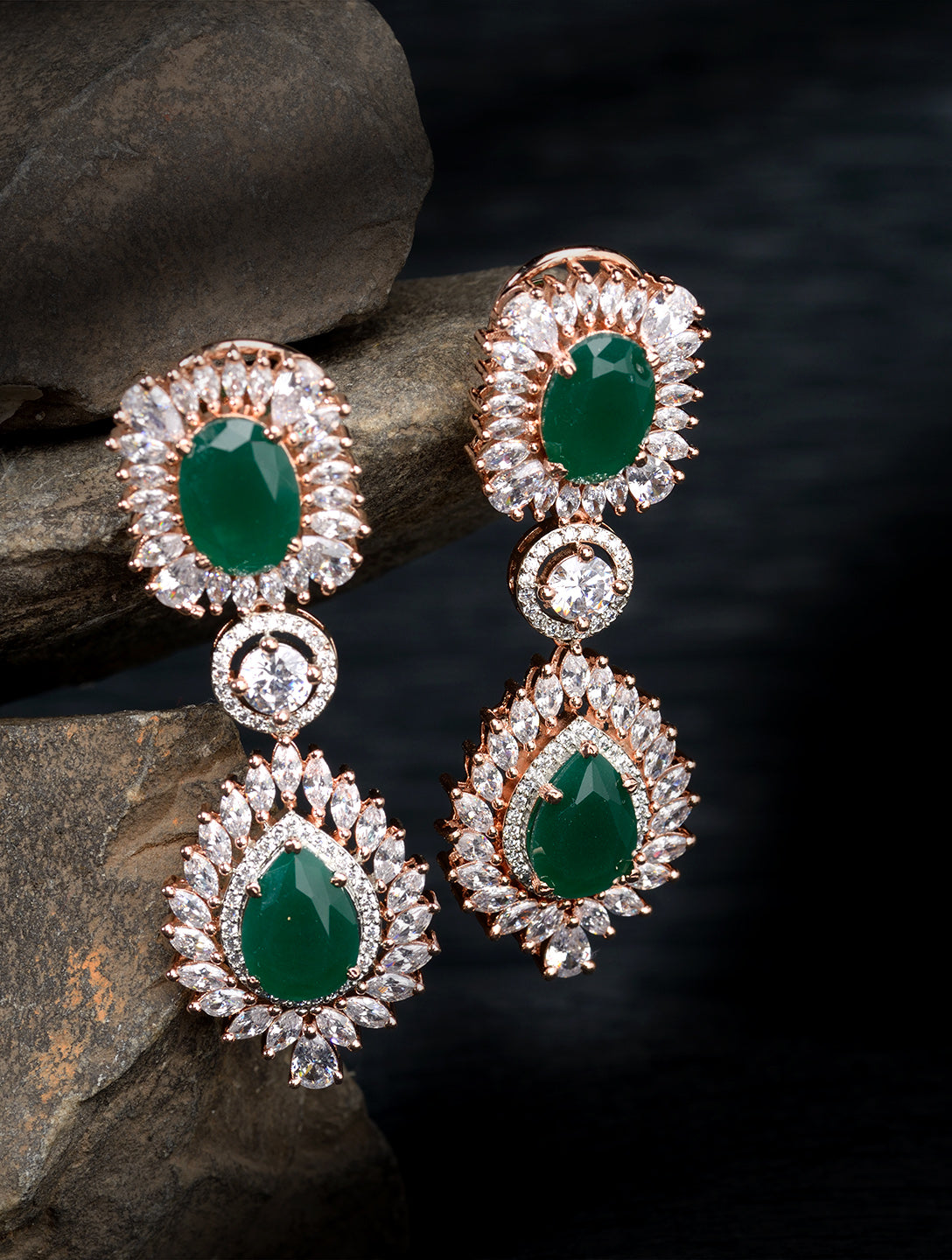 Rose Gold Plated Blue AD studded Drop Earrings