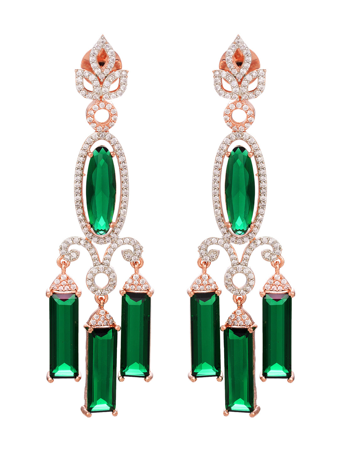 Rose Gold plated Green AD studded Drop Earrings