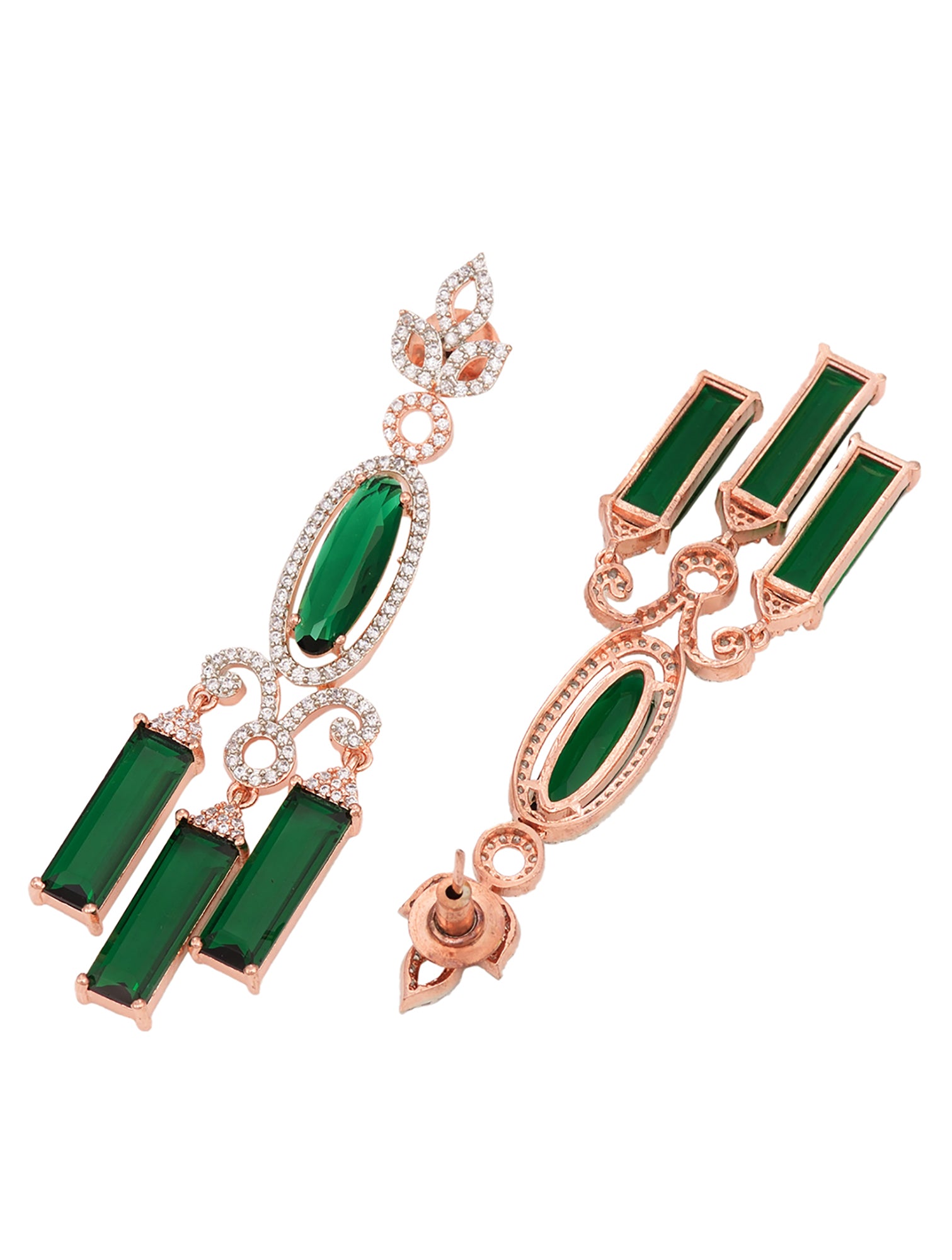Rose Gold plated Green AD studded Drop Earrings