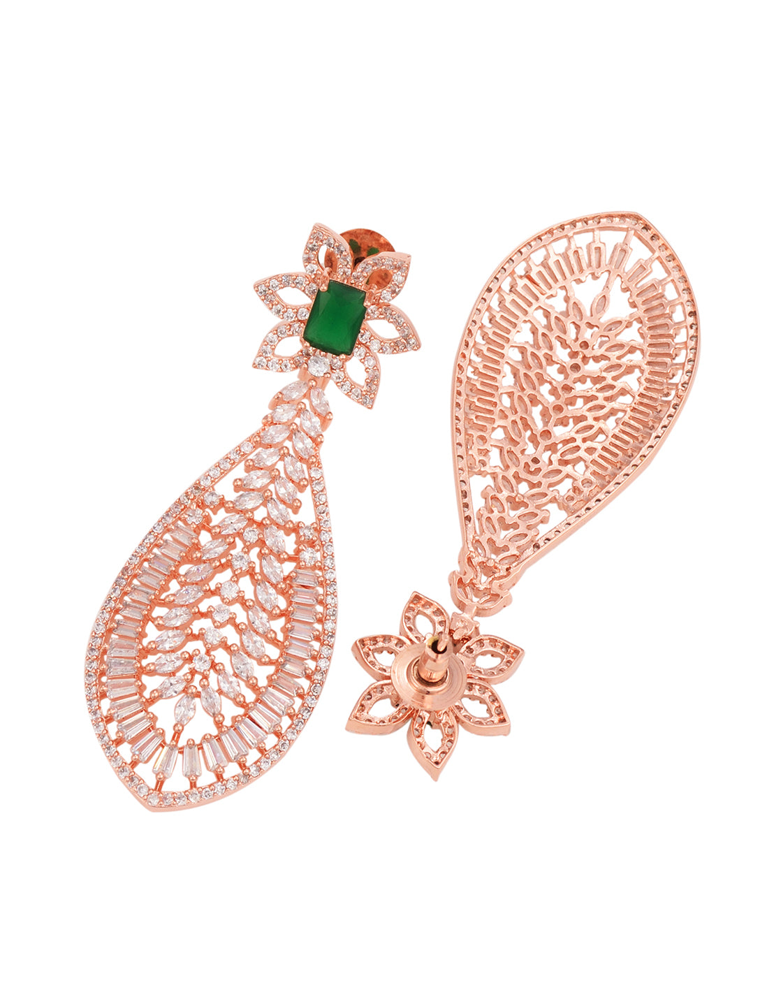 Rose Gold plated Green AD studded Leaf DesignMangtika & Earring set