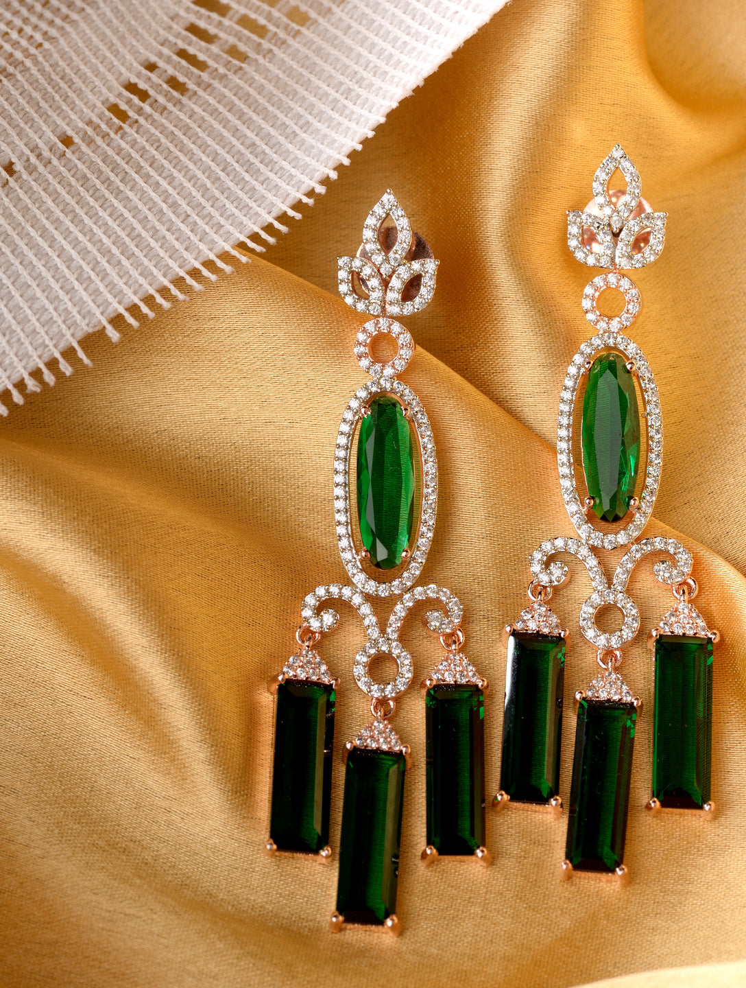 Rose Gold plated Green AD studded Drop Earrings