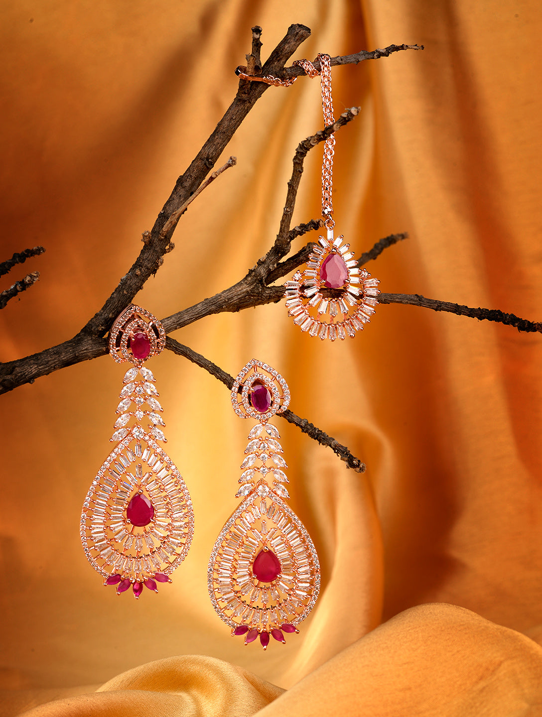 Rose Gold plated Red AD studded Leaf Design Mangtika & Earring set