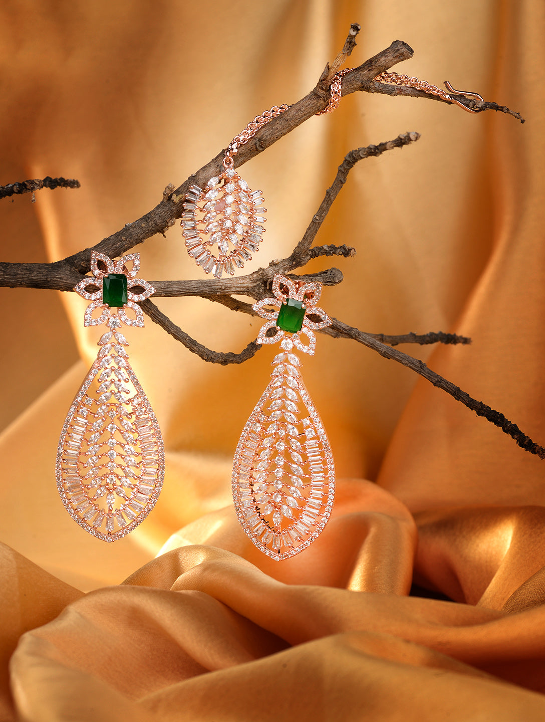 Rose Gold plated Green AD studded Leaf DesignMangtika & Earring set