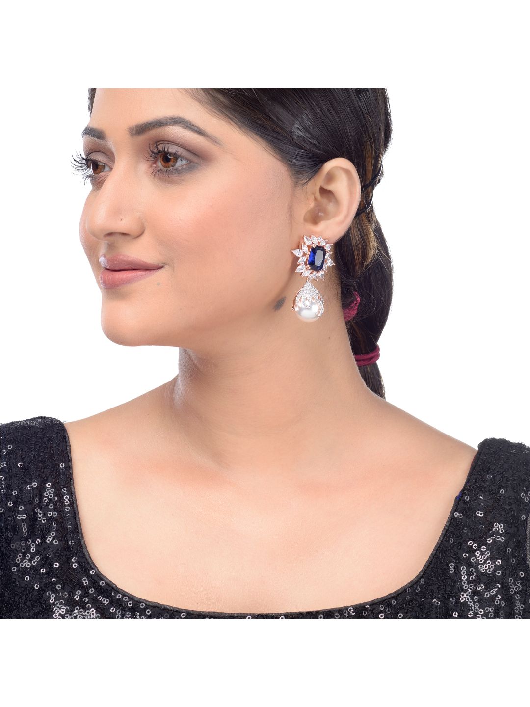 Royal Sapphire studded pearl drop earrings