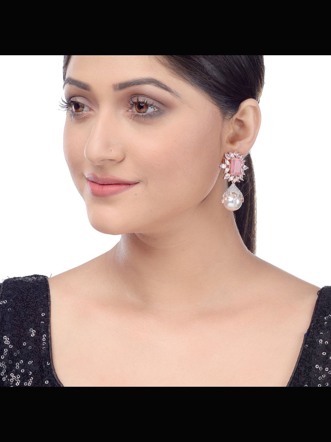 Royal Pink studded pearl drop earrings