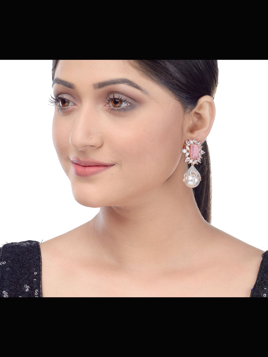 Royal Pink studded pearl drop earrings