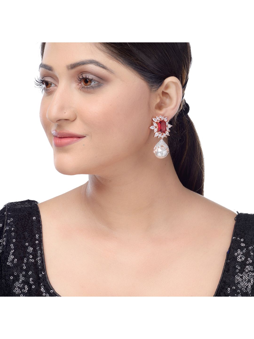 Royal Ruby studded pearl drop earrings