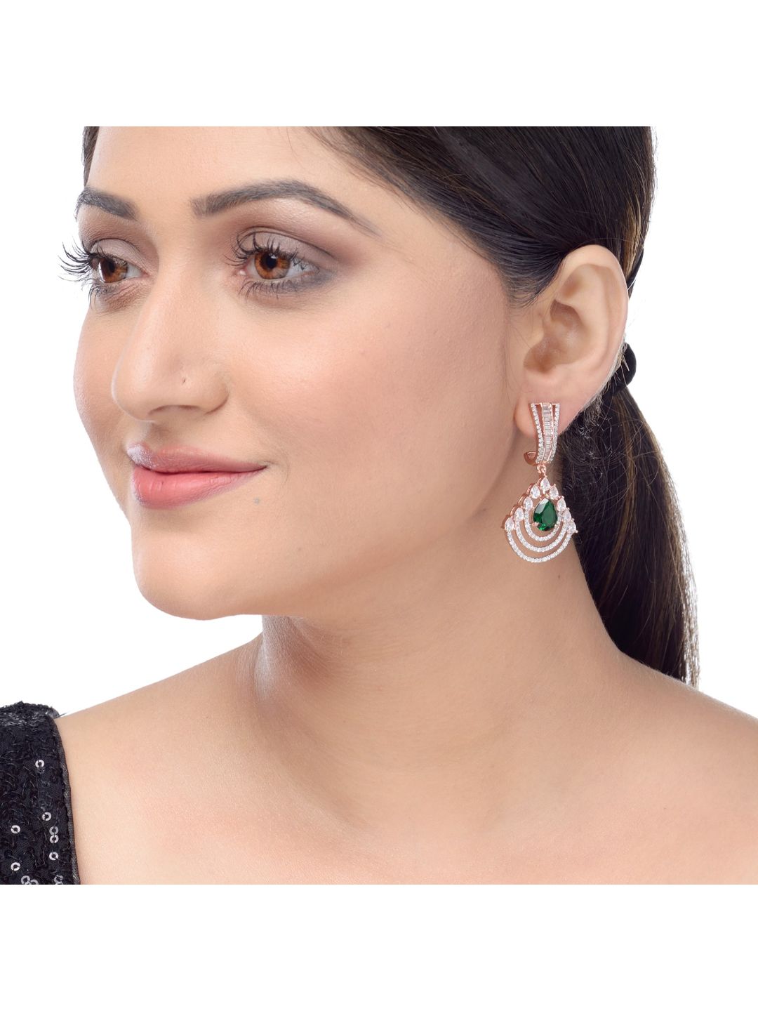 Exquisite diamond and emerald danglers, rose gold plated