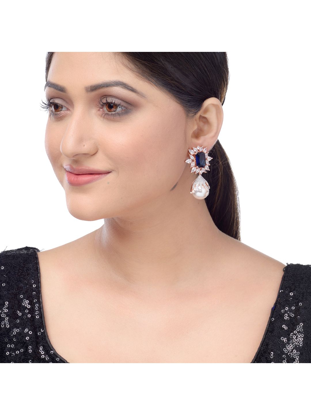 Royal Sapphire studded pearl drop earrings