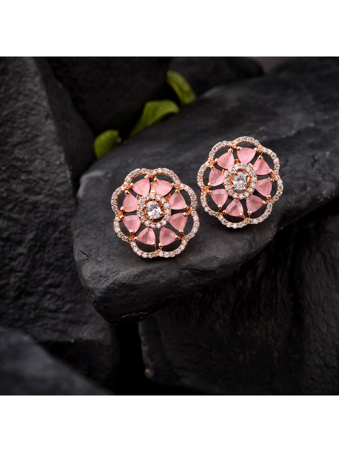 Crown Design Rose Quartz Studs Pastel Pink Tops AD encrusted Rose gold plated Earrings
