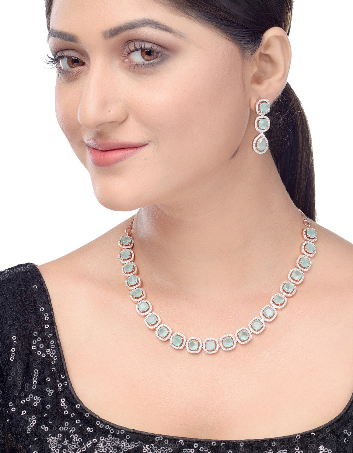 Turquoise Blue Solitaire studded Necklace Earrings for Women & Girls