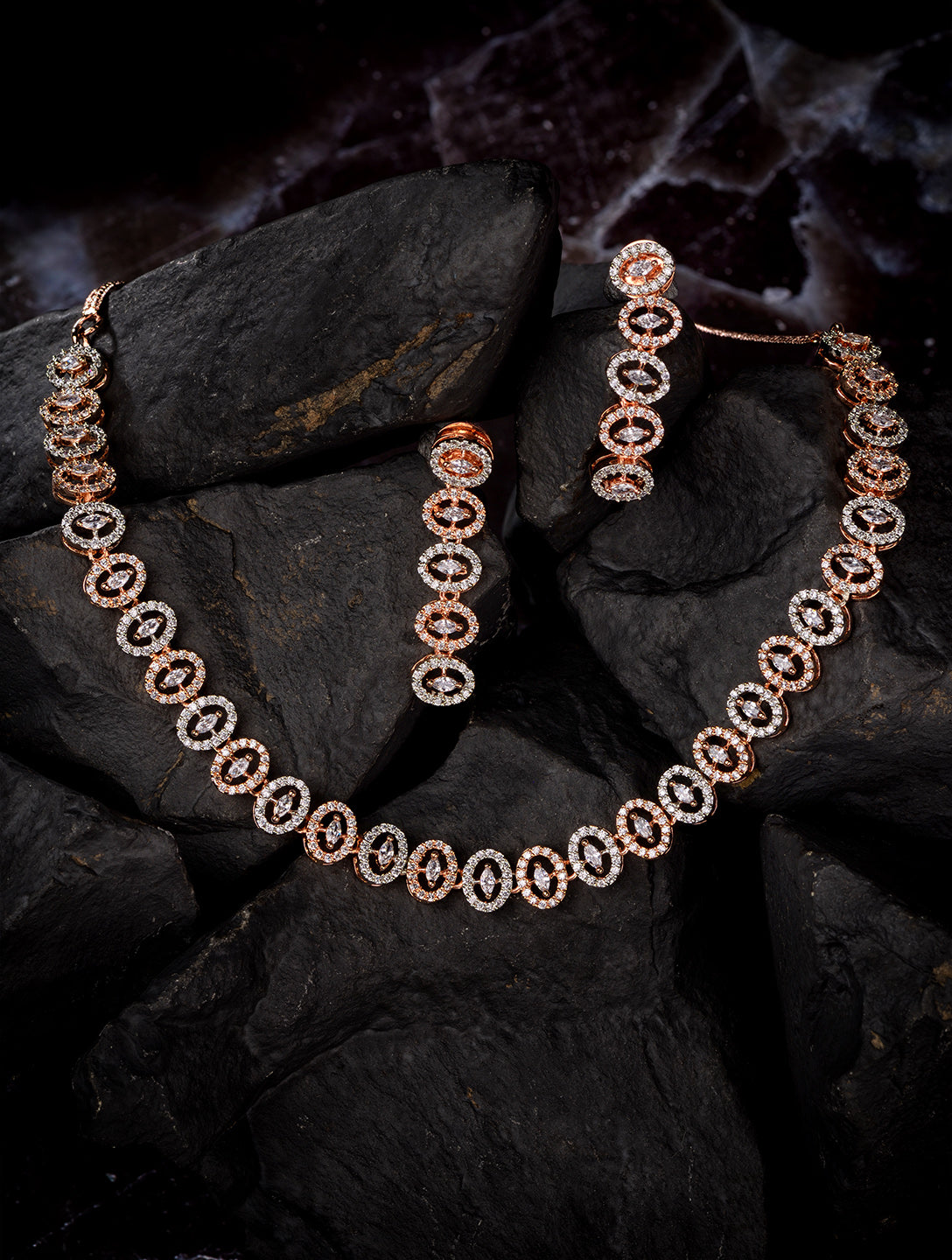 Rose Gold plated Oval shaped AD studded Necklace Earrings