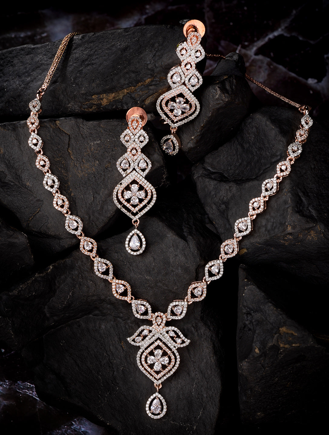 Rose Gold plated Contemporary AD studded Necklace Earrings