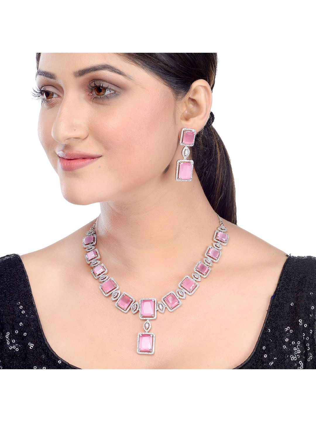 Big rose quartz stuuded handcrafted necklace set earrings