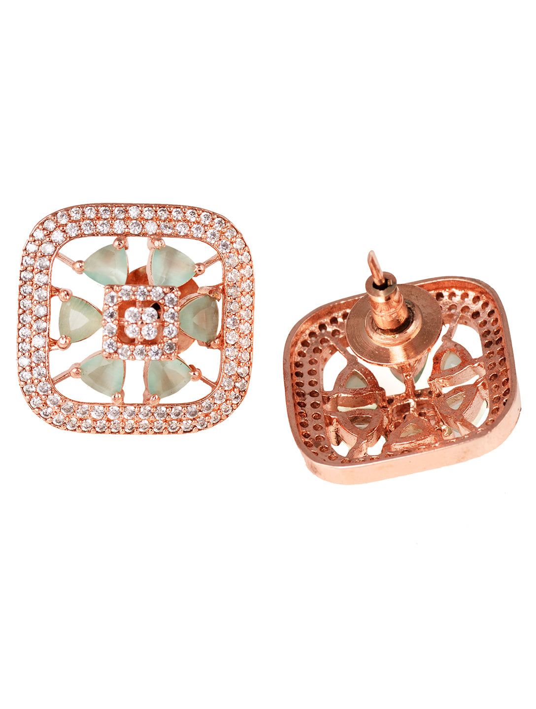 Sqaure Sleek Turquoise studs light blue AD studded rose gold plated small earrings