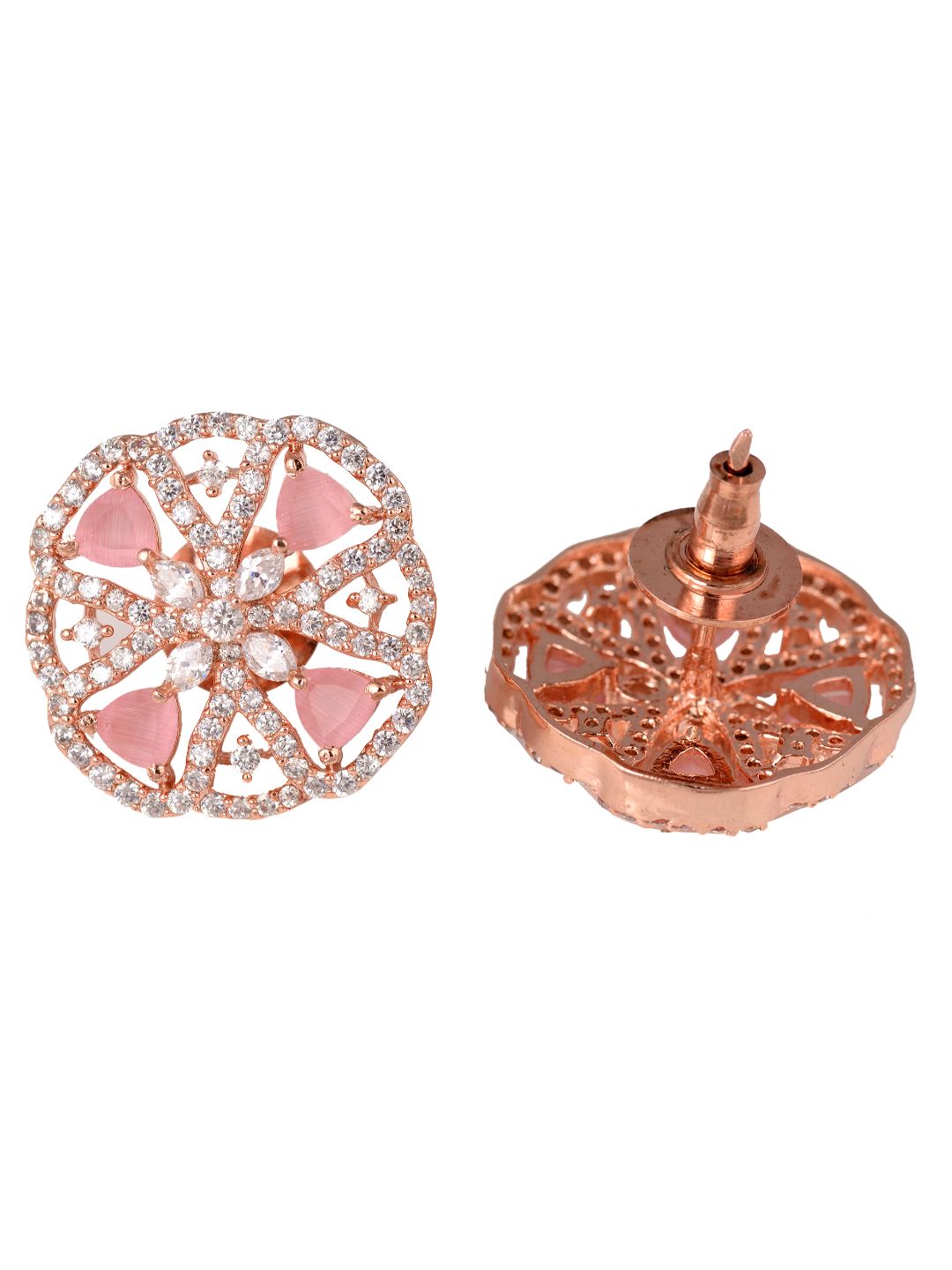 Crown Design Rose Quartz Studs Pastel Pink Tops AD encrusted Rose gold plated Earrings
