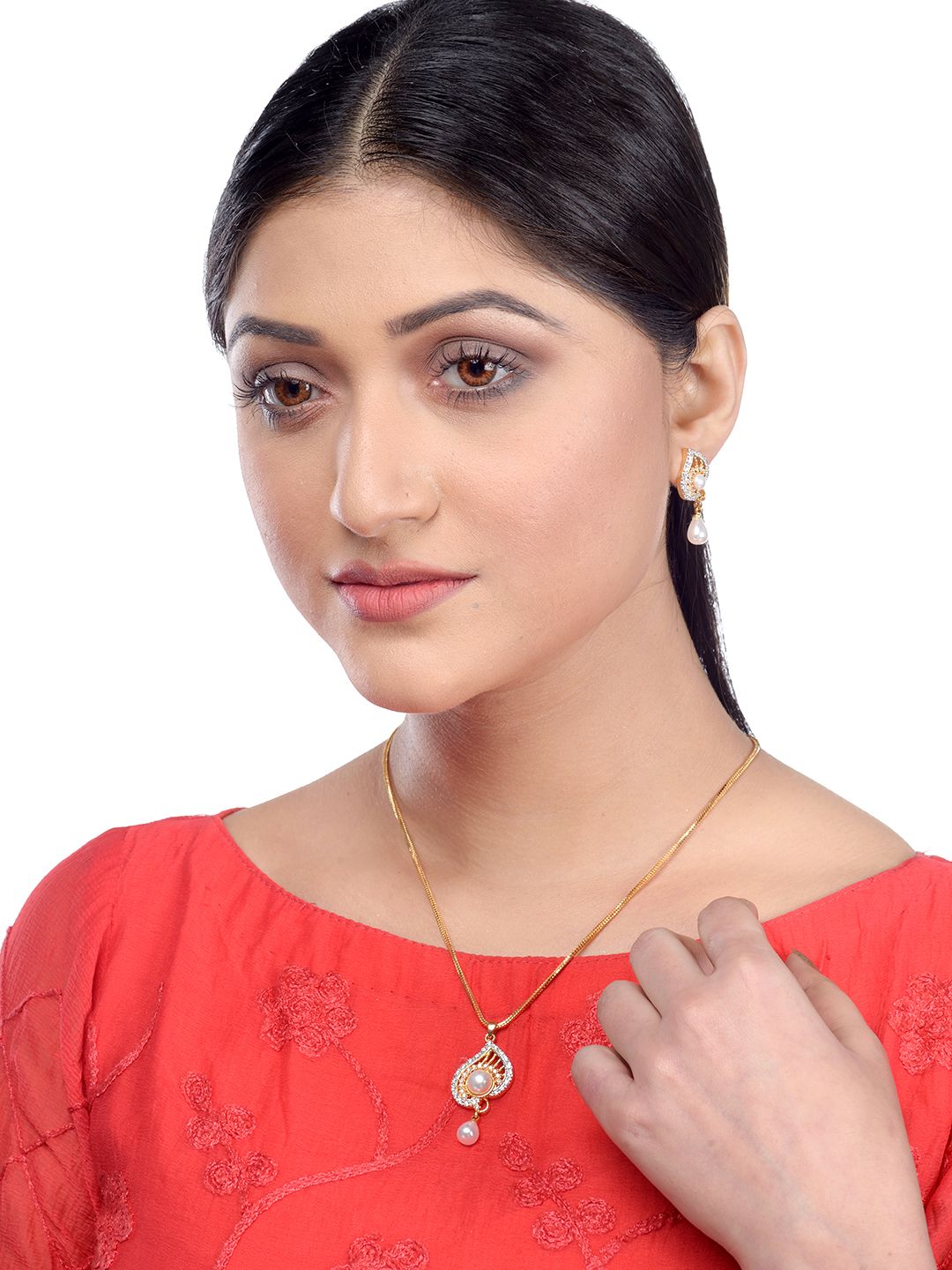 Gold plated AD and Pearl studded Unique leaf design Pendant Earrings set chain for Women & Girls