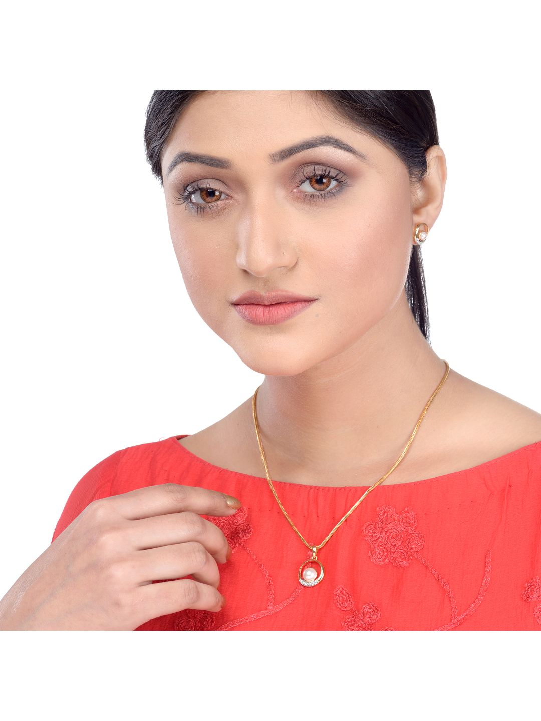 Gold plated AD and Pear studded Elegant Pendant Earrings set chain for Women & Girls