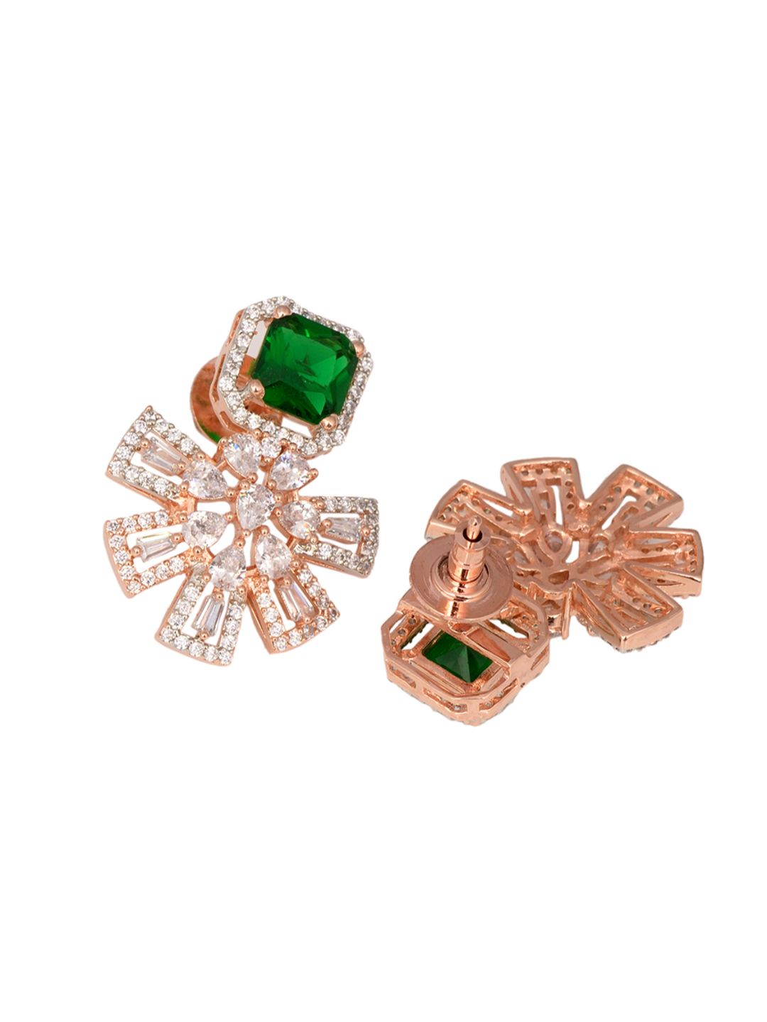 Exquisite Emerald Floral design green earrings Rose gold plated AD studded