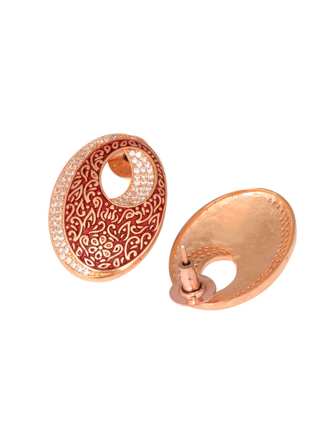 Oval Red Meenakari Small Earrings High Quality Enamelled Rose Gold Plated