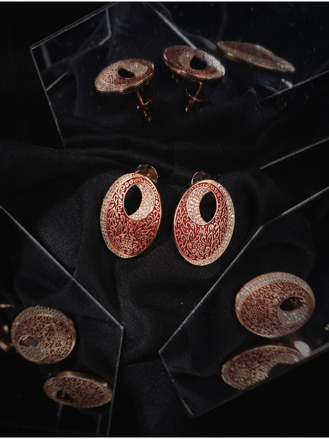 Oval Red Meenakari Small Earrings High Quality Enamelled Rose Gold Plated