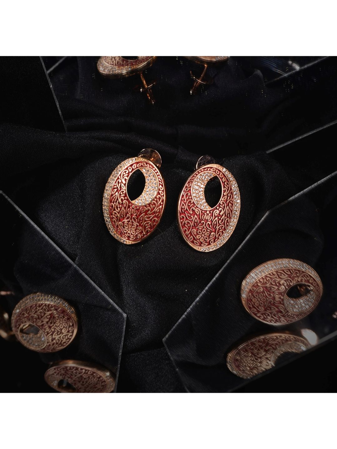 Oval Red Meenakari Small Earrings High Quality Enamelled Rose Gold Plated