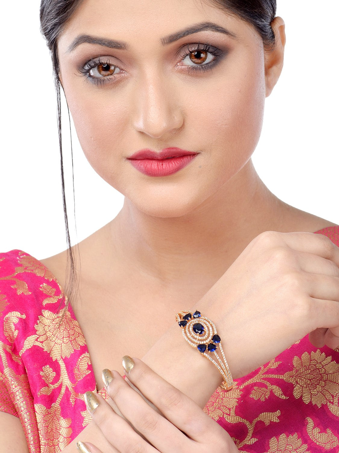 Gold plated Blue AD studded handcrafted designer Bracelet for Women & Girls