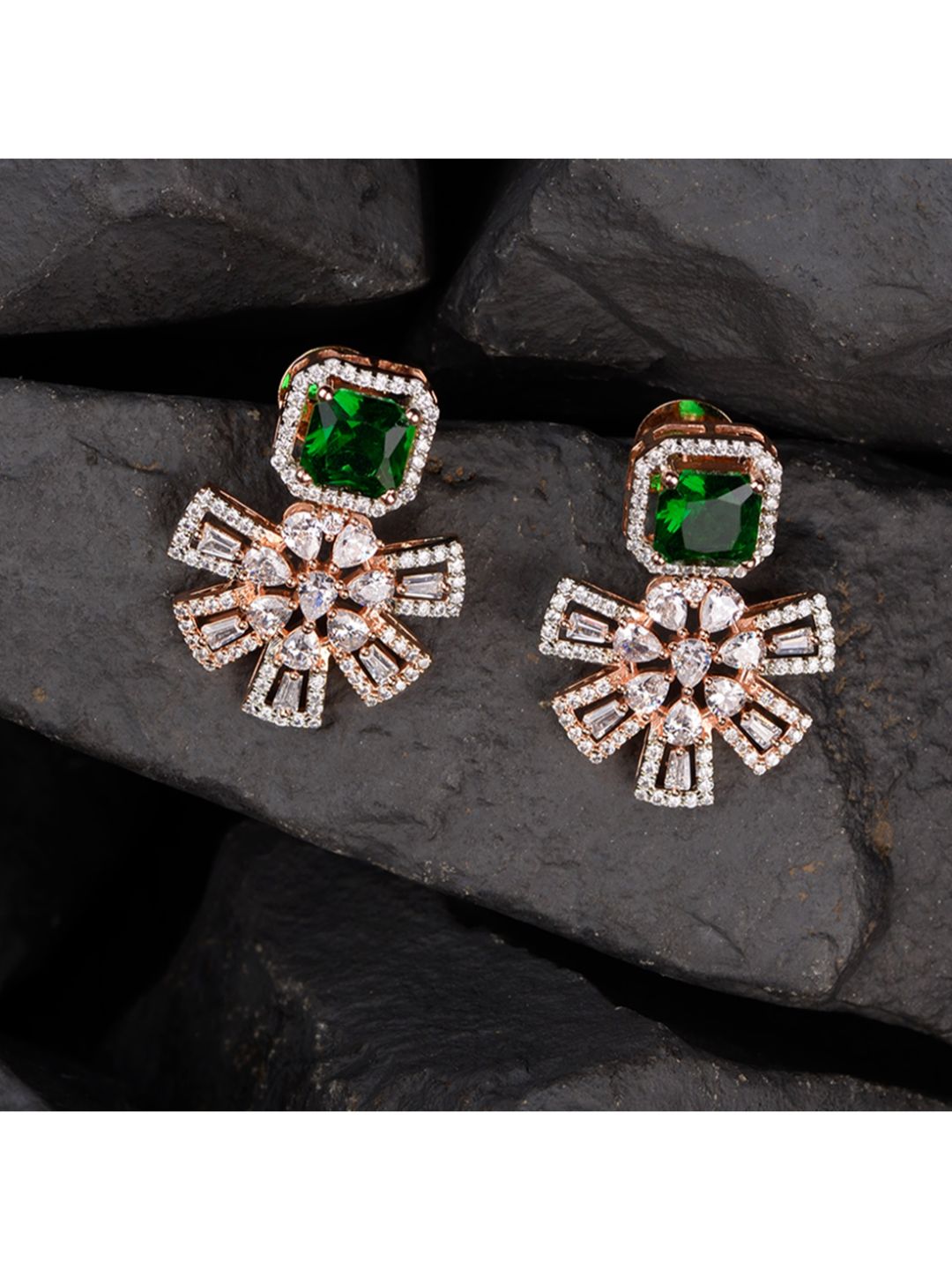 Exquisite Emerald Floral design green earrings Rose gold plated AD studded