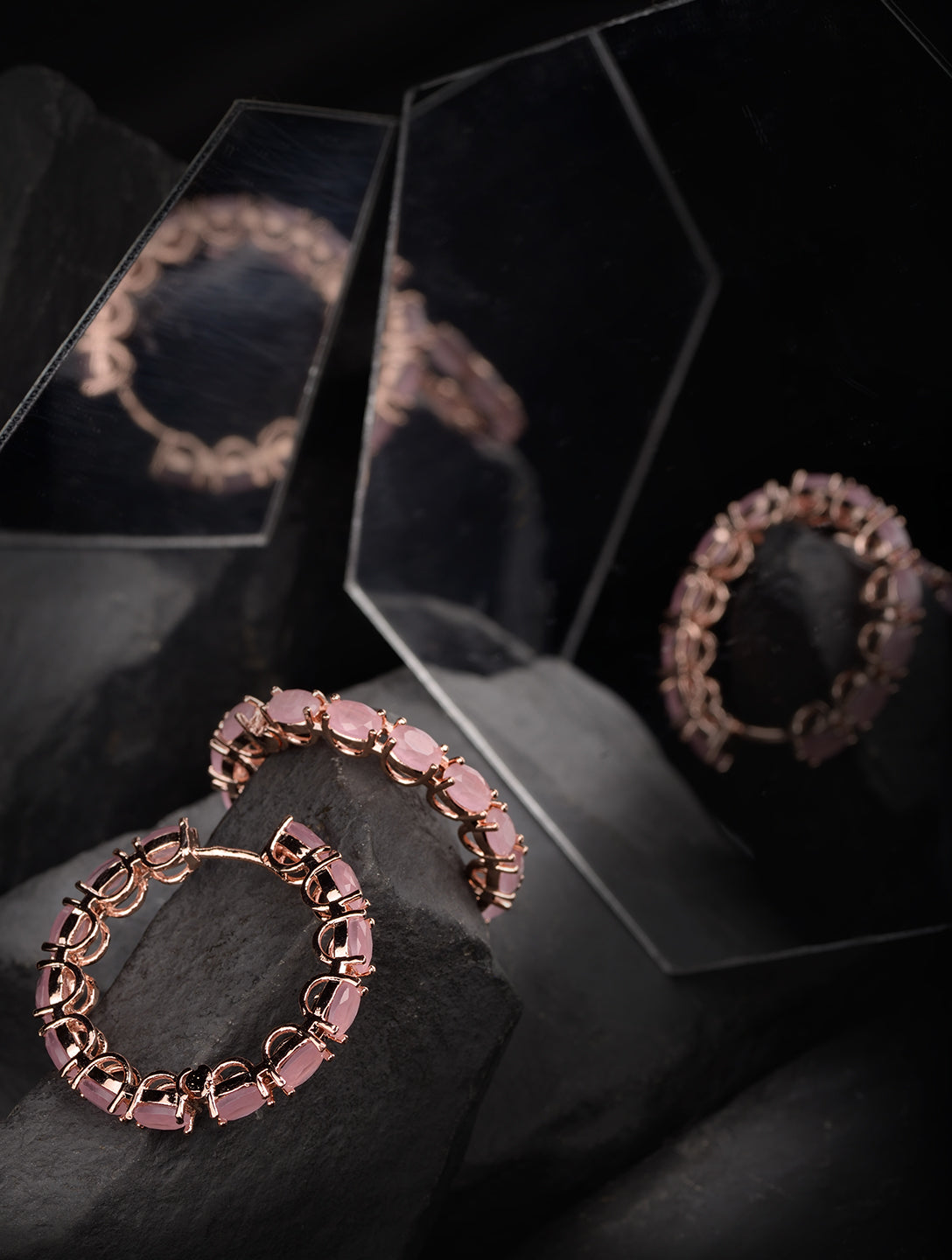 Rose Quartz studded Hoops Rose Gold Plated Pastel Baby Pink Round Big Earrings