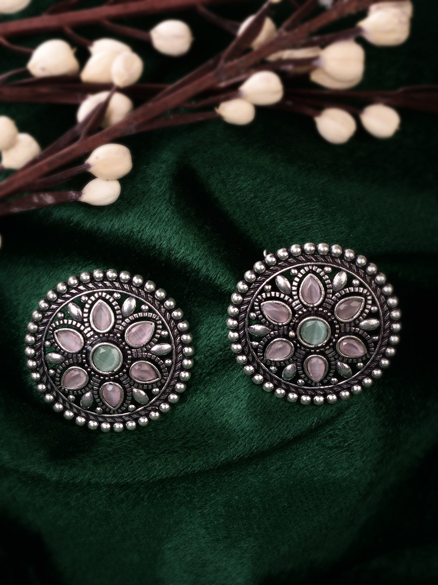 Oxidised Silver Plated Pink Mint Studds Earrings