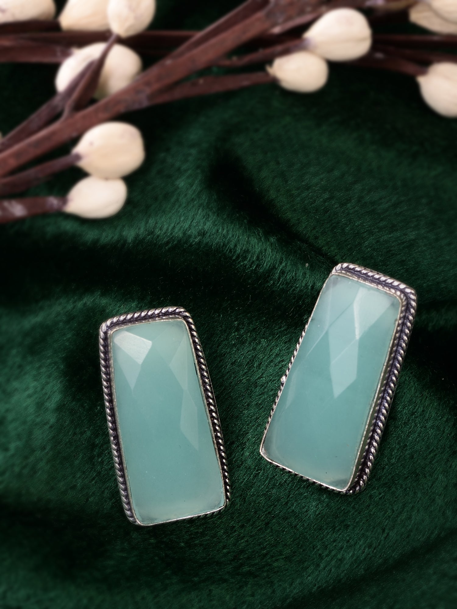 Silver Plated Aqua Turquoise Stone Studs Earrings