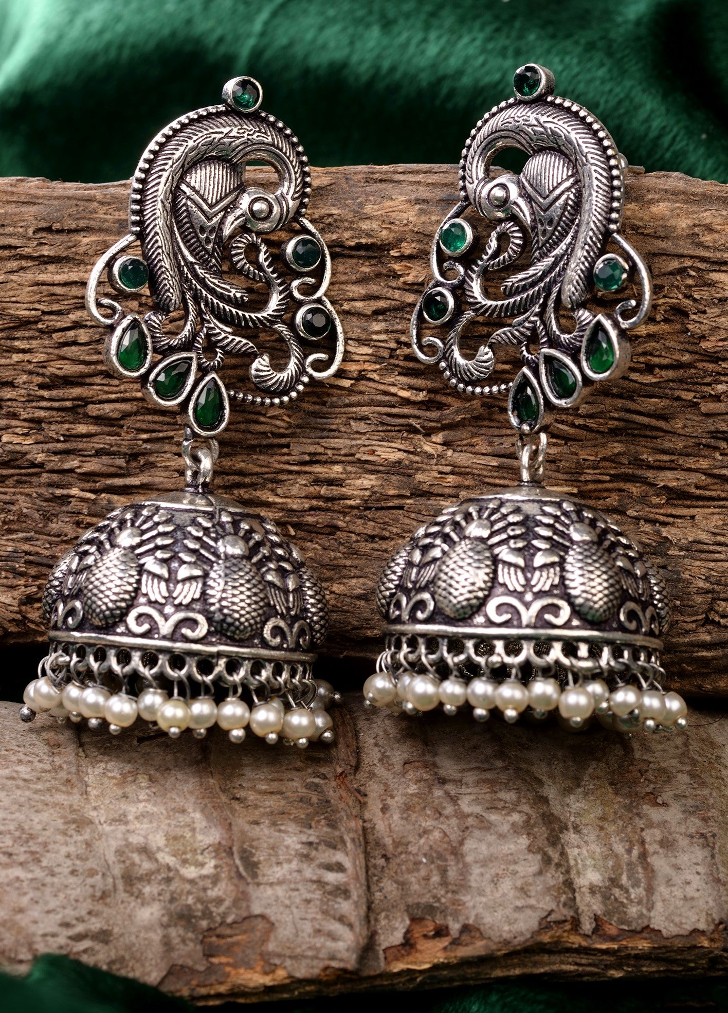 Silver Oxidised Peacock Contemporary Jhumka Earrings