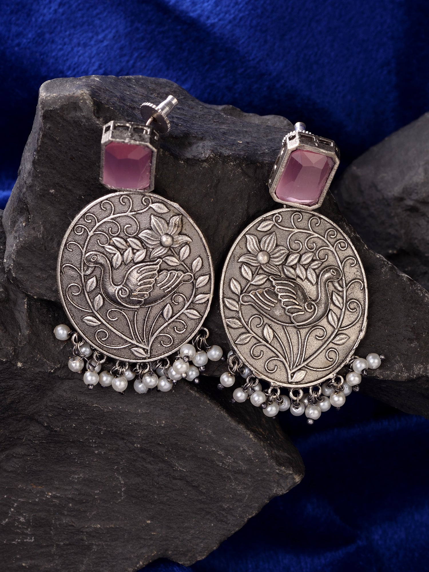 Silver Oxidised Pink Stone Studded Contemporary Earrings