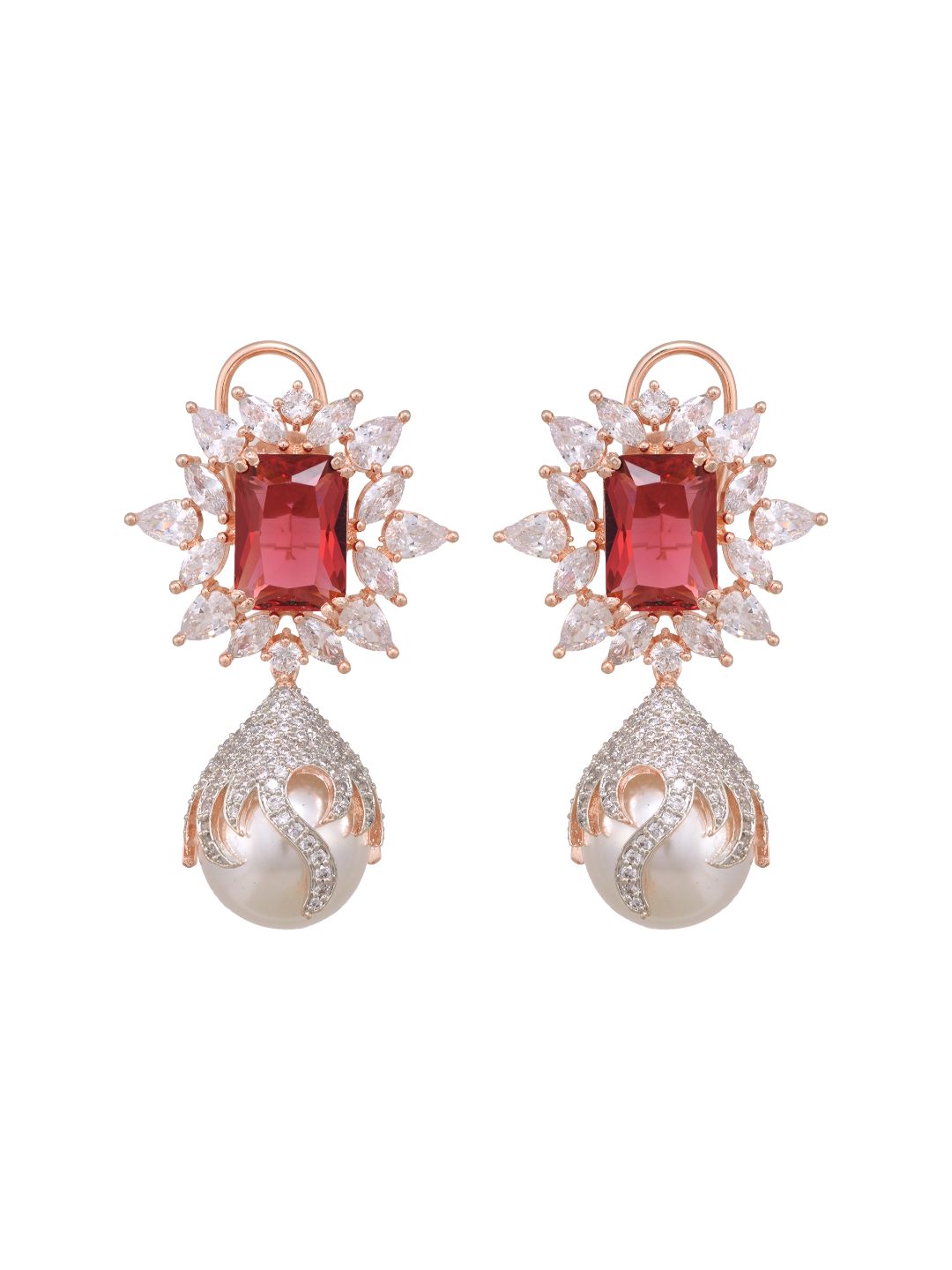 Royal Ruby studded pearl drop earrings