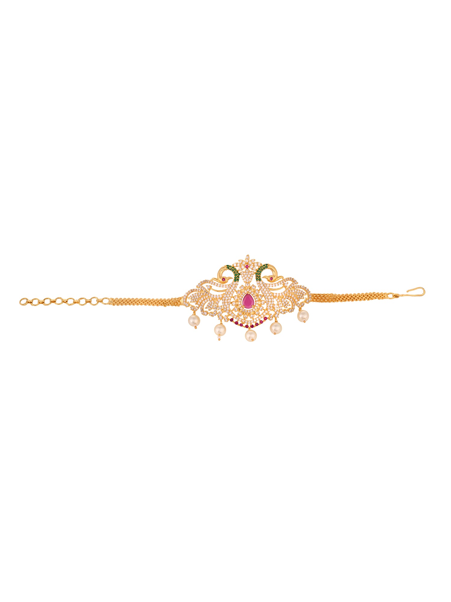 Gold Plated Red AD Studded Peacock Temple Armlet