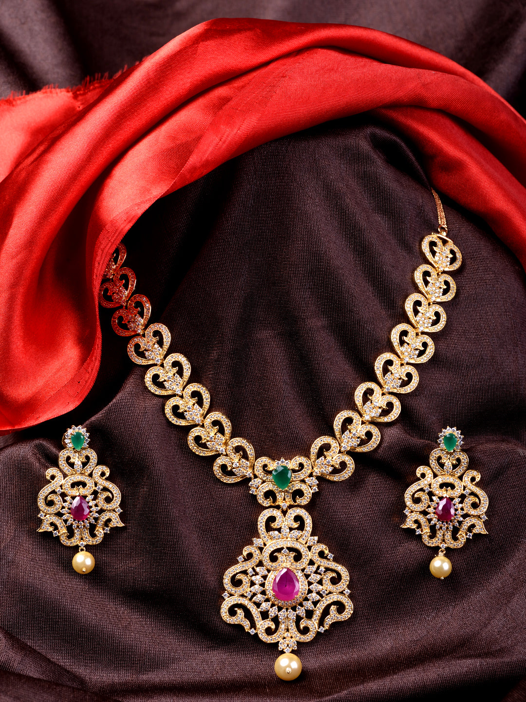 Gold Plated Multi AD Studded Hand Crafted Traditional Pendant Necklace Earrings Set