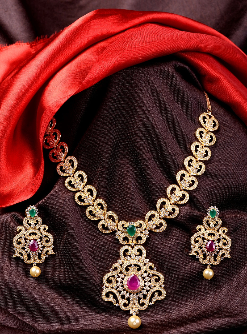 Gold Plated Multi AD Studded Hand Crafted Traditional Pendant Necklace Earrings Set